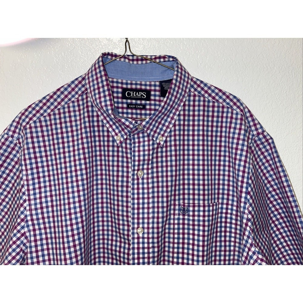 Chaps Men's Shirt XL Check Blue Violet White Button-Dow Short Sleeve